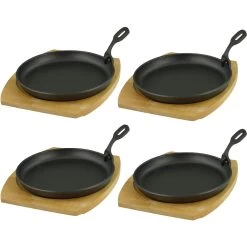 Servierpfanne Mit Holzuntersetzer Ø 22cm, Gusseisen 4 Stück Im Set